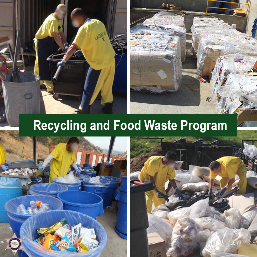 Inmates recycling and waste program. Inmates working sorting steel and recyclables into bins.