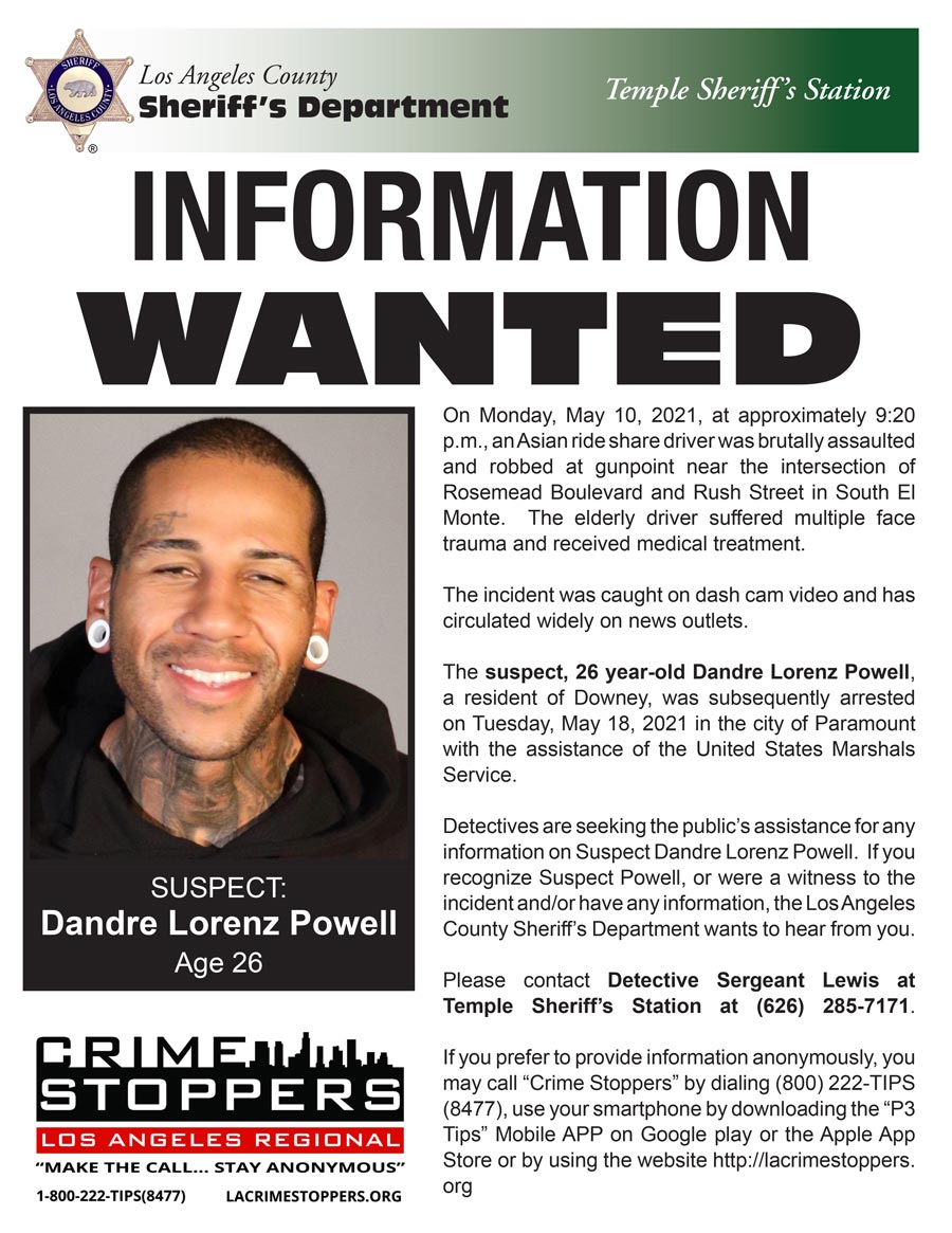 head shot of suspect in this case, Dandre Lorenz Powell: male, very short hair, White hear plug earings, tatoo over right eye, tatoos on neck.suspect is wearing black hooded sweatshirt.