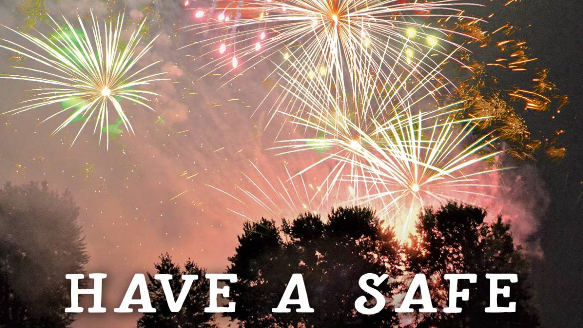 Image of fireworks in the night sky and trees off in the distance, People are sitting in lawn chairs watching a fire work show. Have a safe 4th of july. graphic of sheriff's gold star next to the words, Los Angeles County Sheriff's Department