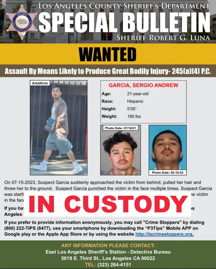 Big Red Words read "In Custody". Special Bullitin: Wanted poster with image of a man walking on the street, image from a house camera.