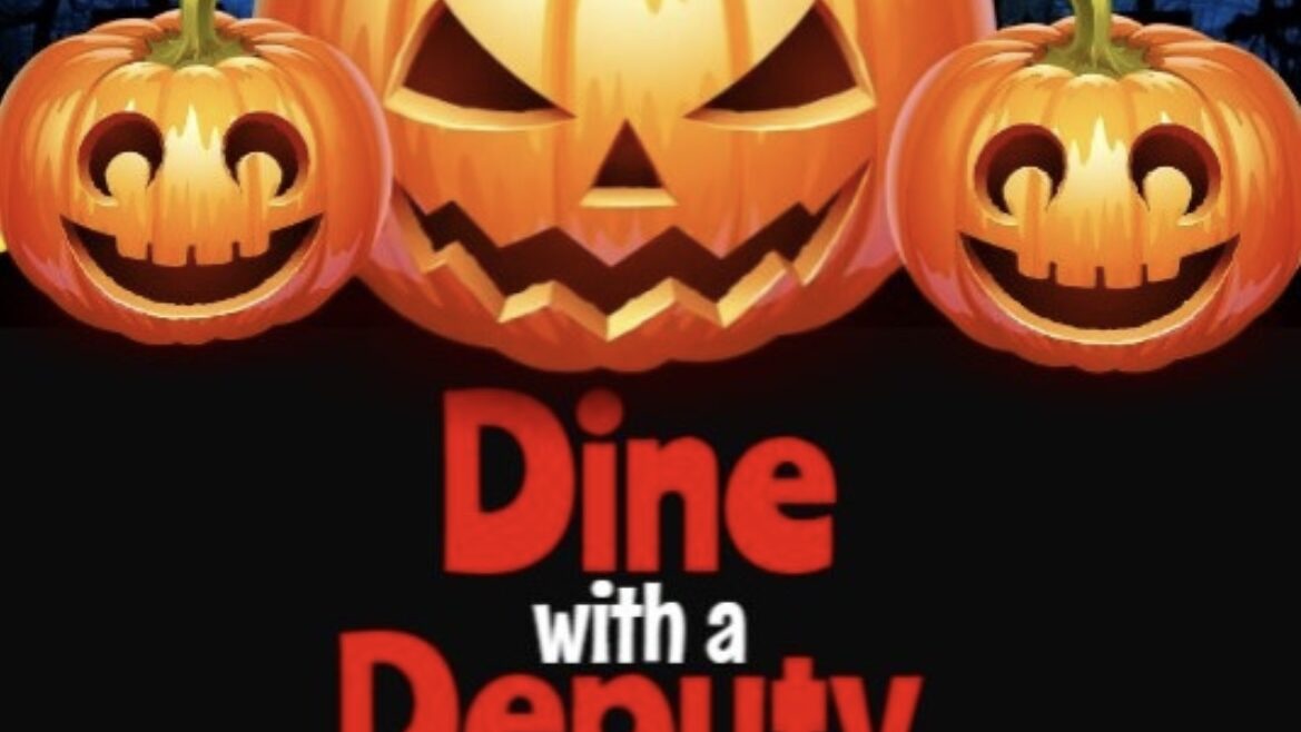 Three jack-o-lanterns on a dark background. Dine with a deputy.