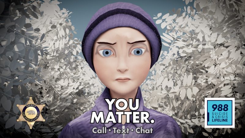 You Matter: Call, Text, or Chat. 988 Suicide Crisis Hotline. Image of an animated woman, with light skin and blue eyes. She is dressed in a purple winter coat and beanie, that covers her ears. She is looking at the viewer with concern on her face. She is standing in a park with snow on trees.