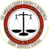 Circular logo. Los Angeles County Sheriff's Department is around the logo. Court Services Central is around the logo at the bottom. Red ring is inside. White center with black icon of Justice scales.