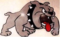 Cartoon depiction of a bull dog. Grey bulldog, has black spiked color. It's mouth is open and has a red tongue hanging out.