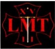 Cross shaped logo. Black Background with Red outline. Red letters L M T are in the center with a sword in the center of the M. Roman numeral 15 for the station number.
